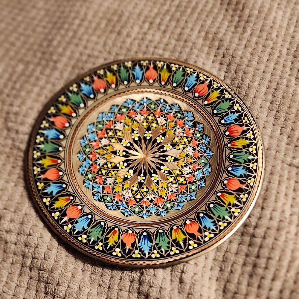 Hand-Painted Hanging Decorative Round Brass Wall Art with Floral Mosaic